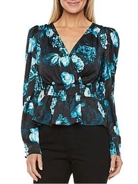 Ryegrass Blue and Black Floral Blouse 1X NWT